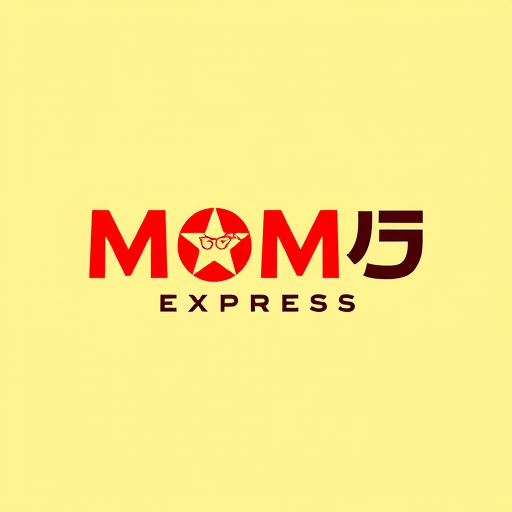 Professional logo design. make a logo with two lines, first line is written "MOMO", bellow it second line "EXPRESS". first line "MOMO" is Asian looking font and of red color, second line "EXPRESS" is also asian type font with Black color font. first Line "MOMO" has two MOMO designs in place of two "O"s. all are in yellow background.