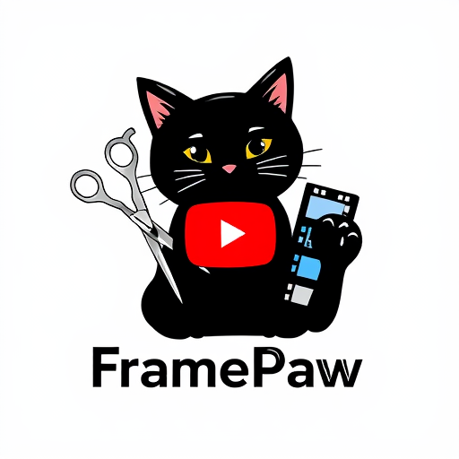 Professional logo design. Pictorial logo for a YouTube channel featuring a cat named "FramePaw": A black cat with its paw holding scissors cutting a filmstrip, sleek modern font for "FramePaw", transparent background.