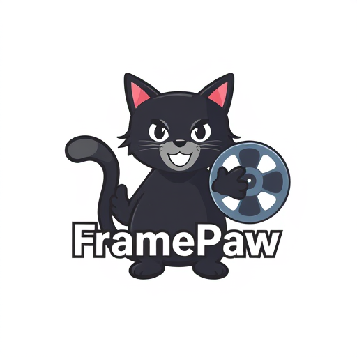 Professional logo design. Design a logo for the "FramePaw" YouTube channel. Add whole body of black cat who is holding videotape reel
