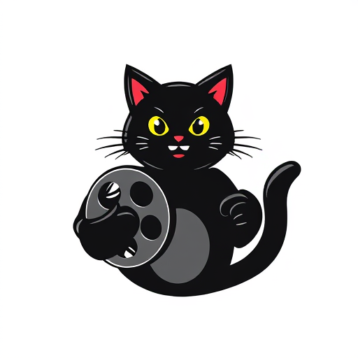 Professional logo design. Design a logo for the "FramePaw" YouTube channel. Add whole body of black cat who is holding videotape reel