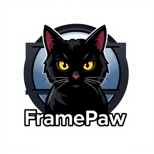 Professional logo design. Design a logo for the "FramePaw" YouTube channel. Channel related to video montage, it should involve black cat and video frames behind him