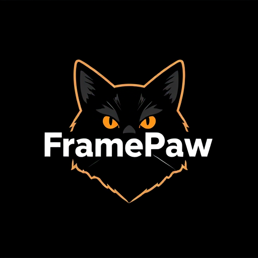 Professional logo design. Design a logo for the "FramePaw" YouTube channel. Channel related to video montage, it should involve black cat 