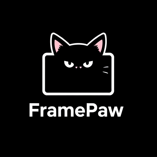 Professional logo design. Design a logo for the "FramePaw" YouTube channel. Channel related to video montage, it should involve black cat 
