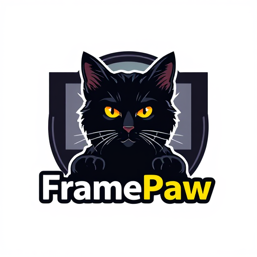 Professional logo design. Design a logo for the "FramePaw" YouTube channel. Channel related to video montage, it should involve black cat and video frames behind him