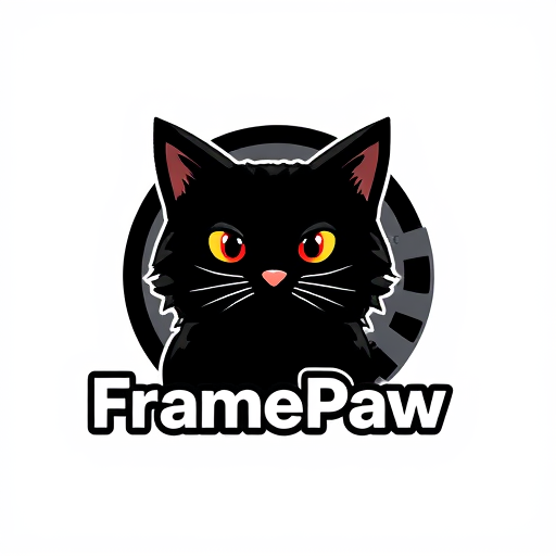 Professional logo design. Design a logo for the "FramePaw" YouTube channel. It should feature a black cat(full cat, not just head) and a videotape reel