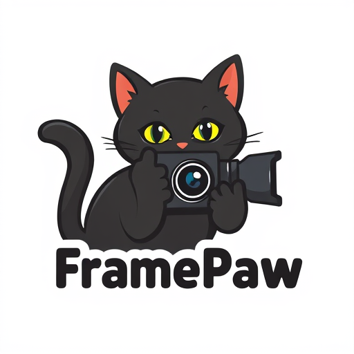 Professional logo design. Design a logo for the "FramePaw" YouTube channel. Add whole body of black cat who is holding camera. Cat must be simple, not cartoonish