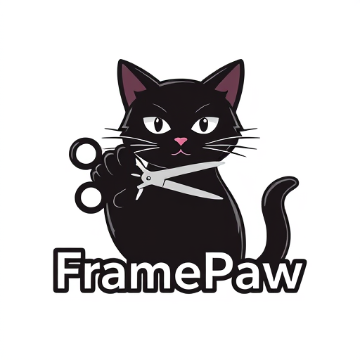 Professional logo design. Pictorial logo for a YouTube channel named "FramePaw": A black cat with its paw holding scissors cutting a filmstrip, sleek modern font for "FramePaw", transparent background.