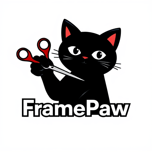 Professional logo design. Pictorial logo for a YouTube channel named "FramePaw": A black cat with its paw holding scissors cutting a filmstrip, clean, black, white, and a single accent color (red or dark blue), sleek modern font for "FramePaw" integrated into the design, minimalist graphic illustration, vector art with sharp lines and clear shapes, transparent background.