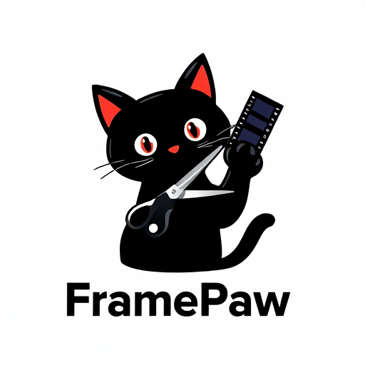 Professional logo design. Pictorial logo for a YouTube channel named "FramePaw": A black cat with its paw holding scissors cutting a filmstrip, clean, black, white, and a single accent color (red or dark blue), sleek modern font for "FramePaw" integrated into the design, minimalist graphic illustration, vector art with sharp lines and clear shapes, transparent background.