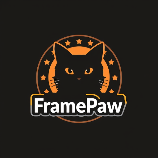 Professional logo design. Design a logo for the "FramePaw" YouTube channel. It should feature a black cat and a videotape reel