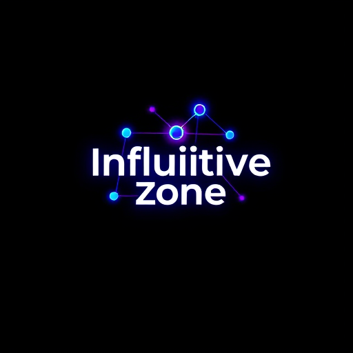 Professional logo design. Minimalist for a community platform for tech enthusiasts named "Influitive Zone": Abstract interconnected nodes forming a dynamic network, vibrant gradient of electric blue and purple, modern sans-serif font with clean lines. Design an abstract, geometric representation of connection and knowledge sharing, incorporating subtle glowing effects and a dark, futuristic background.