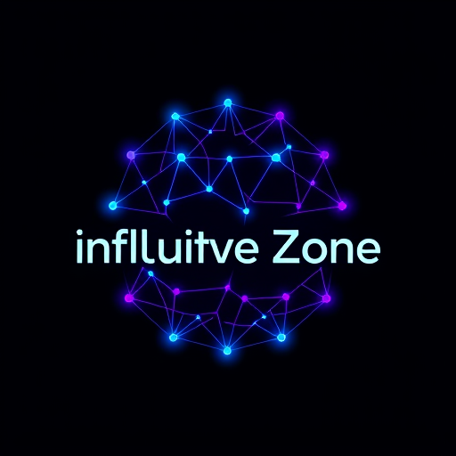 Professional logo design. Minimalist for a community platform for tech enthusiasts named "Influitive Zone": Abstract interconnected nodes forming a dynamic network, vibrant gradient of electric blue and purple, modern sans-serif font with clean lines. Design an abstract, geometric representation of connection and knowledge sharing, incorporating subtle glowing effects and a dark, futuristic background.