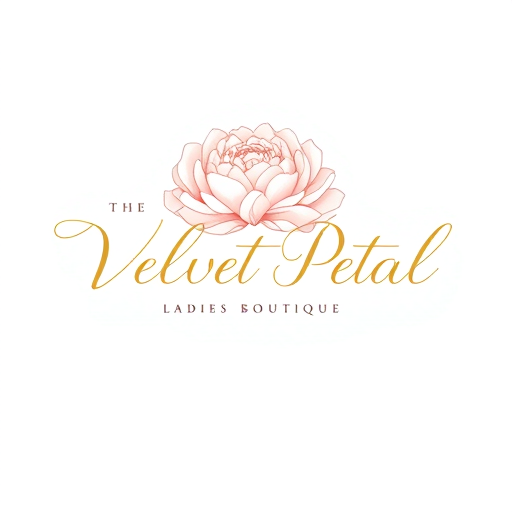 Professional logo design. Pictorial for a chic ladies boutique named "The Velvet Petal": A delicate floral illustration of a peony or rose, a soft blush and muted gold color palette, an elegant script font. Design with an Art Nouveau influence and a sophisticated, feminine style direction, with fine linework and subtle shading, on a clean white background.