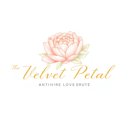 Professional logo design. Pictorial for a chic ladies boutique named "The Velvet Petal": A delicate floral illustration of a peony or rose, a soft blush and muted gold color palette, an elegant script font. Design with an Art Nouveau influence and a sophisticated, feminine style direction, with fine linework and subtle shading, on a clean white background.