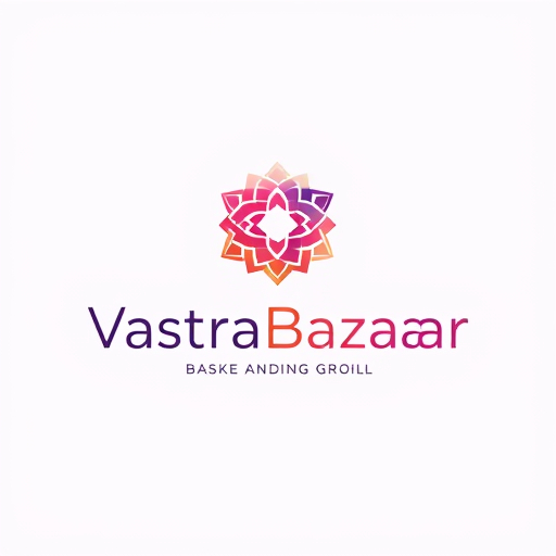 Professional logo design. "Logo for 'VastraBazaar', combining a unique abstract textile-inspired icon (like interwoven threads or geometric cloth folds) with modern typography. Keep design minimal, scalable, and fashion-forward. Use gradient shades of purple, pink, and gold for a vibrant ethnic-meets-modern look."