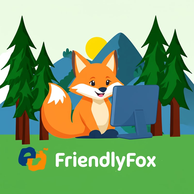 Create a background with forest and mountains. Add the wordmark FriendlyFox.