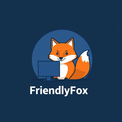 Professional logo design. Make a logo for FriendlyFox. It should contain a smiling fox sitting in front of a computer