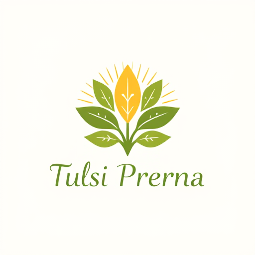 Professional logo design. Pictorial logo for a spiritual and community-focused society app named "Tulsi Prerna": A stylized Tulsi plant with gentle, radiating light or subtle geometric patterns incorporated into its leaves, symbolizing spiritual growth and connection. A serene, earthy color palette of deep greens, soft golds, and warm, muted ochres. Elegant, sans-serif typography with a slightly rounded, welcoming feel, conveying tradition and modernity. Inspired by Indian folk art and contemporary minimalism, focusing on organic curves and clean lines, with intricate details within the plant element that can be simplified for smaller applications. The radiating light should be subtle, not overpowering, and the geometric patterns, if used, should be harmonious and not distracting. A light, gradient background that evokes a sunrise or dawn.
