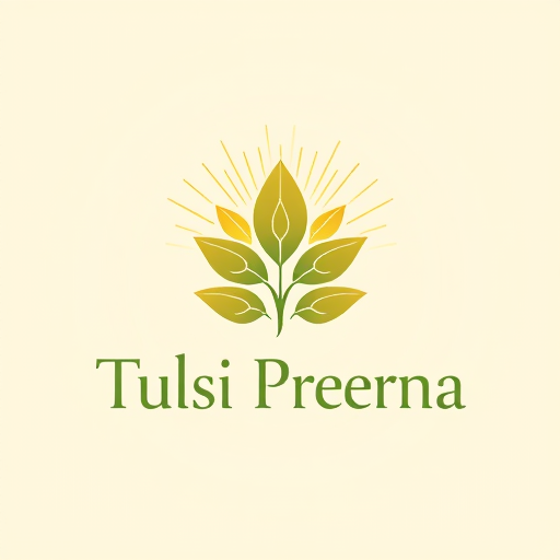 Professional logo design. Pictorial logo for a spiritual and community-focused society app named "Tulsi Prerna": A stylized Tulsi plant with gentle, radiating light or subtle geometric patterns incorporated into its leaves, symbolizing spiritual growth and connection. A serene, earthy color palette of deep greens, soft golds, and warm, muted ochres. Elegant, sans-serif typography with a slightly rounded, welcoming feel, conveying tradition and modernity. Inspired by Indian folk art and contemporary minimalism, focusing on organic curves and clean lines, with intricate details within the plant element that can be simplified for smaller applications. The radiating light should be subtle, not overpowering, and the geometric patterns, if used, should be harmonious and not distracting. A light, gradient background that evokes a sunrise or dawn.