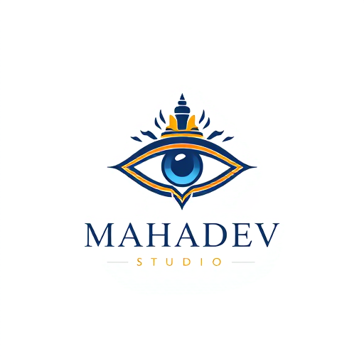 Professional logo design. Minimalist for a photography studio named "Mahadev Studio": Abstract representation of Shiva's third eye with subtle temple architectural elements, a sophisticated blend of deep indigo, saffron, and gold, clean sans-serif typography. Design with an Indian artistic influence and a modern, spiritual style direction, intricate line work and subtle gradients for a sense of depth, and a plain white background.