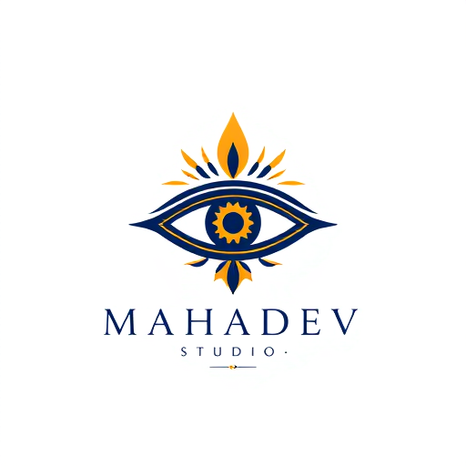 Professional logo design. Minimalist for a photography studio named "Mahadev Studio": Abstract representation of Shiva's third eye with subtle temple architectural elements, a sophisticated blend of deep indigo, saffron, and gold, clean sans-serif typography. Design with an Indian artistic influence and a modern, spiritual style direction, intricate line work and subtle gradients for a sense of depth, and a plain white background.