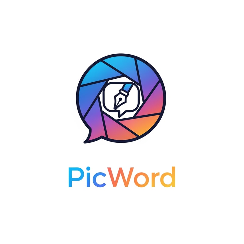 A modern, minimalist logo icon for a brand named "PicWord". The design should cleverly fuse a visual element (like a camera shutter, a photo frame, or a landscape icon) with a textual element (like a speech bubble, a pen nib, or an open book). The concept is "words transforming into pictures." Use a vibrant, gradient color palette (e.g., blues, purples, and warm oranges) to represent creativity and the bilingual nature of the platform. The style should be clean, friendly, and digital, suitable for a website header and app icon on a white background.