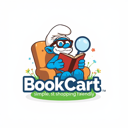 Professional logo design. i wnat to design a logo.Like, a small foot-man looks like a smurf wearing glasses sitting in chair and reading book.and add text 'BookCart – simple, shopping-friendly' with around a magnifying glass and with a grass flowers