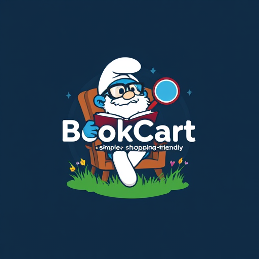 Professional logo design. i wnat to design a logo.Like, a small foot-man looks like a smurf wearing glasses sitting in chair and reading book.and add text 'BookCart – simple, shopping-friendly' with around a magnifying glass and with a grass flowers