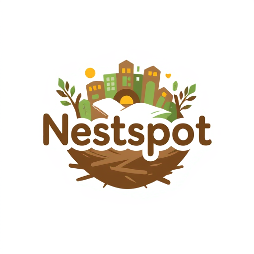 Professional logo design. Letterform for a hostel website named "Nestspot": A stylized nest integrated into the text, signifying a cozy and welcoming accommodation, warm earthy tones of browns, greens, and a touch of sunrise orange, modern sans-serif with rounded edges. Design with a friendly and approachable influence, incorporating subtle feather or twig textures within the nest elements, flat design with slight gradients, white background. A sleeping bed with "Nestspot" written on it as part of the nest's embrace. and make background buildings
