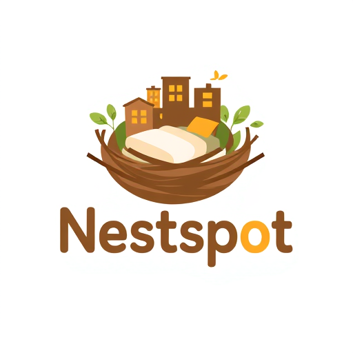 Professional logo design. Letterform for a hostel website named "Nestspot": A stylized nest integrated into the text, signifying a cozy and welcoming accommodation, warm earthy tones of browns, greens, and a touch of sunrise orange, modern sans-serif with rounded edges. Design with a friendly and approachable influence, incorporating subtle feather or twig textures within the nest elements, flat design with slight gradients, white background. A sleeping bed with "Nestspot" written on it as part of the nest's embrace. and make background buildings