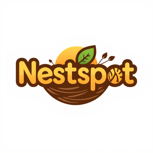 Professional logo design. Letterform for a hostel website named "Nestspot": A stylized nest integrated into the text, signifying a cozy and welcoming accommodation, warm earthy tones of browns, greens, and a touch of sunrise orange, modern sans-serif with rounded edges. Design with a friendly and approachable influence, incorporating subtle feather or twig textures within the nest elements, flat design with slight gradients, white background. make a sleeping bed put "Nestspot" on the bed.