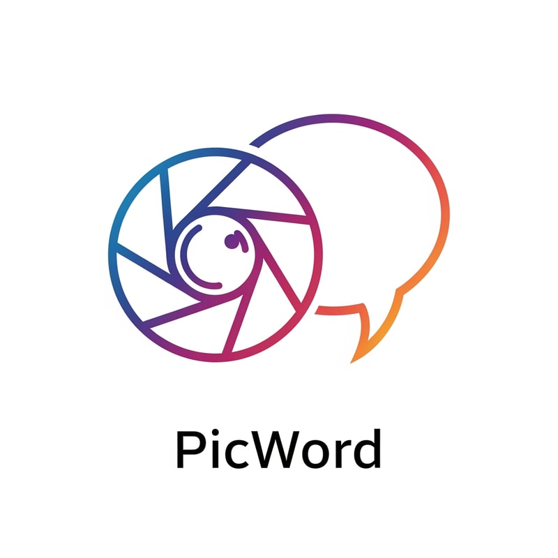 A modern, minimalist logo icon for a brand named "PicWord". The design should cleverly fuse a visual element (like a camera shutter, a photo frame, or a landscape icon) with a textual element (like a speech bubble, a pen nib, or an open book). The concept is "words transforming into pictures." Use a vibrant, gradient color palette (e.g., blues, purples, and warm oranges) to represent creativity and the bilingual nature of the platform. The style should be clean, friendly, and digital, suitable for a website header and app icon on a white background.