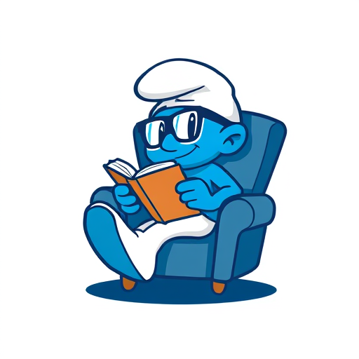 Professional logo design. i wnat to design a logo.Like, a small foot-man looks like a smurf wearing glasses sitting in chair and reading book.