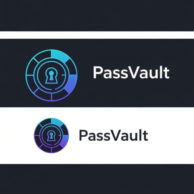 Icon: A circular vault door with a keyhole in the center
Style: Clean, geometric lines with a gradient from deep blue (#1e40af) to cyan (#06b6d4)
Typography: Modern sans-serif font (like "Poppins" or "Inter") - bold for "Pass" and regular weight for "Vault"
Color Palette:

Primary: Deep Blue (#1e40af) - trust & security
Secondary: Cyan (#06b6d4) - modern & tech
Accent: Electric Purple (#a855f7) - innovation
Background: Dark charcoal (#1f2937) or pure white



Visual Style:

Vault door represented by concentric circles with 3-4 segments
Central keyhole as a simple, elegant shield shape
Optional: Small lock icon or key symbol integrated into the design
Gradient effect on the icon for depth and modernity

Layout Options:

Horizontal: Icon on left + "PassVault" text on right
Stacked: Icon on top, text below (better for mobile)
Icon-only: For favicon and app icons