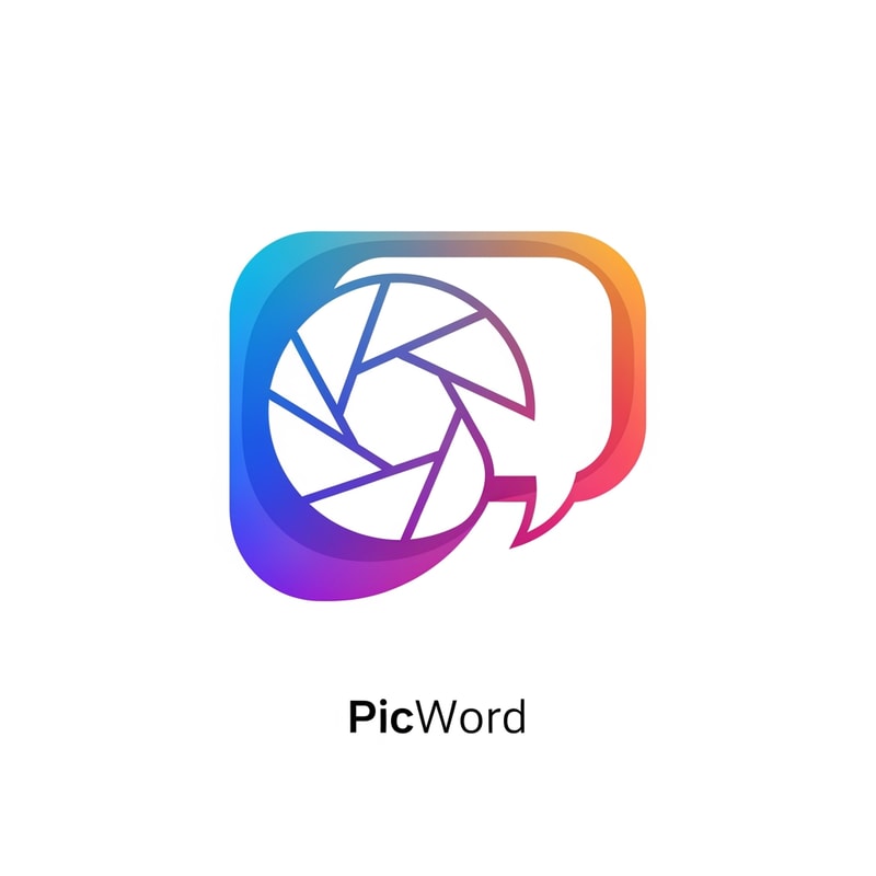 A modern, minimalist logo icon for a brand named "PicWord". The design should cleverly fuse a visual element (like a camera shutter, a photo frame, or a landscape icon) with a textual element (like a speech bubble, a pen nib, or an open book). The concept is "words transforming into pictures." Use a vibrant, gradient color palette (e.g., blues, purples, and warm oranges) to represent creativity and the bilingual nature of the platform. The style should be clean, friendly, and digital, suitable for a website header and app icon on a white background.