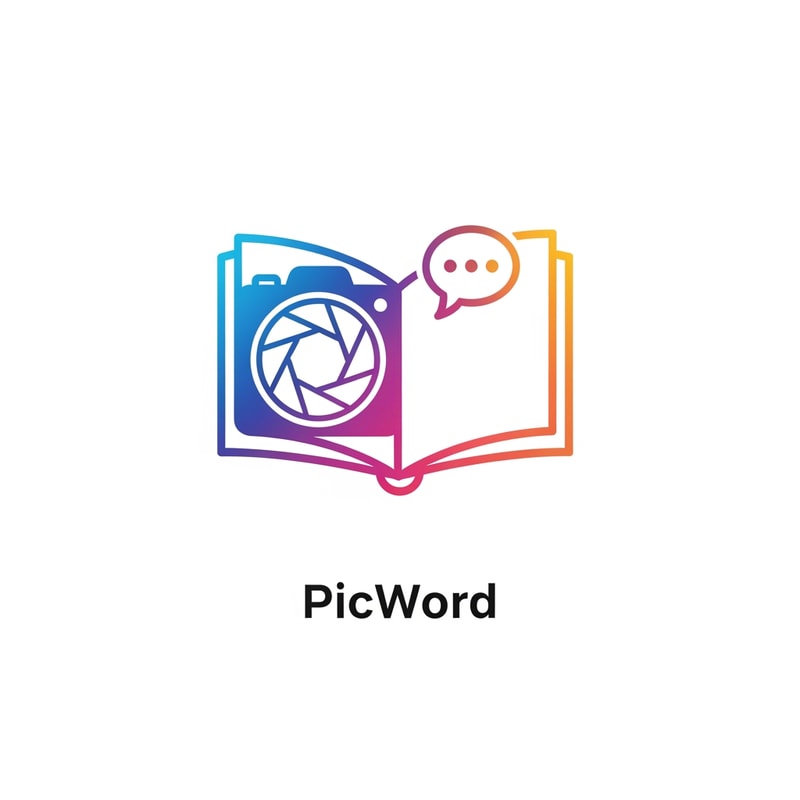 A modern, minimalist logo icon for a brand named "PicWord". The design should cleverly fuse a visual element (like a camera shutter, a photo frame, or a landscape icon) with a textual element (like a speech bubble, a pen nib, or an open book). The concept is "words transforming into pictures." Use a vibrant, gradient color palette (e.g., blues, purples, and warm oranges) to represent creativity and the bilingual nature of the platform. The style should be clean, friendly, and digital, suitable for a website header and app icon on a white background.