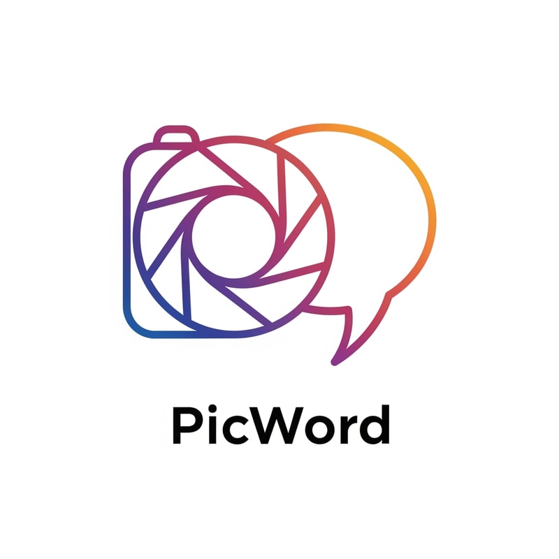 A modern, minimalist logo icon for a brand named "PicWord". The design should cleverly fuse a visual element (like a camera shutter, a photo frame, or a landscape icon) with a textual element (like a speech bubble, a pen nib, or an open book). The concept is "words transforming into pictures." Use a vibrant, gradient color palette (e.g., blues, purples, and warm oranges) to represent creativity and the bilingual nature of the platform. The style should be clean, friendly, and digital, suitable for a website header and app icon on a white background.