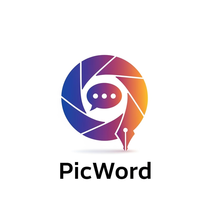 A modern, minimalist logo icon for a brand named "PicWord". The design should cleverly fuse a visual element (like a camera shutter, a photo frame, or a landscape icon) with a textual element (like a speech bubble, a pen nib, or an open book). The concept is "words transforming into pictures." Use a vibrant, gradient color palette (e.g., blues, purples, and warm oranges) to represent creativity and the bilingual nature of the platform. The style should be clean, friendly, and digital, suitable for a website header and app icon on a white background.