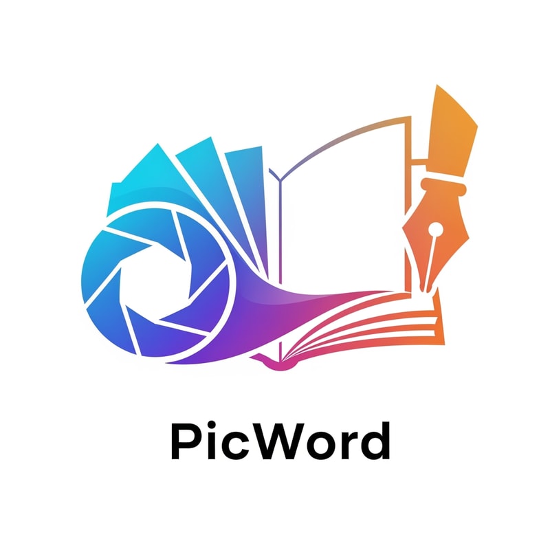 A modern, minimalist logo icon for a brand named "PicWord". The design should cleverly fuse a visual element (like a camera shutter, a photo frame, or a landscape icon) with a textual element (like a speech bubble, a pen nib, or an open book). The concept is "words transforming into pictures." Use a vibrant, gradient color palette (e.g., blues, purples, and warm oranges) to represent creativity and the bilingual nature of the platform. The style should be clean, friendly, and digital, suitable for a website header and app icon on a white background.