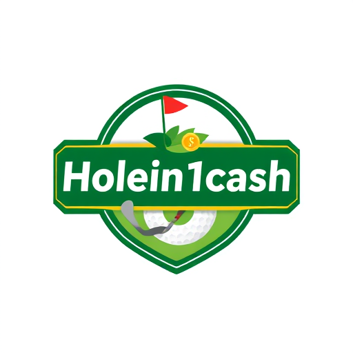 Professional logo design. Create a clean and simple logo for a business called Holein1cash, which pays golfers when they hit a hole-in-one. Combine golf and money themes — such as golf balls, flags, holes, or clubs with cash, coins, or dollar signs. Make it modern, professional, and eye-catching, suitable for website and mobile. Use greens, whites, and golds, and clearly include the business name. Keep the design minimal and easy to understand, with optional subtle shadows or depth for style.