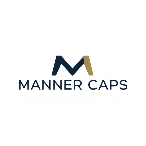 Professional logo design. A sleek and modern logo for 'Manner Caps' — a minimalist letterform with subtle abstract shapes suggesting headwear, featuring an earthy tone color palette with navy, black, and muted metallic accents, professional and high-end lighting, bold and clean typography, executed with precision and a focus on versatility, on a clean white background.