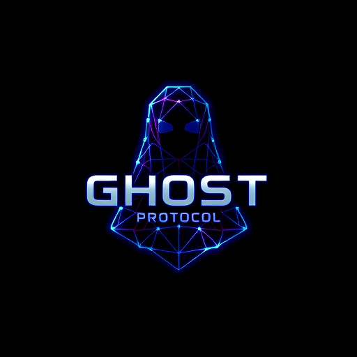 Professional logo design. Emblem for a spy hacking web that focuses on digital security and anonymous information access named "Ghost Protocol": Abstract interconnected network nodes forming a stylized ghost silhouette, deep blues, electric purples, and sharp silver accents, modern sans-serif with a slight digital distortion, inspired by cyberpunk aesthetics and stealth technology, a subtle glowing effect on the nodes and a clean, sharp outline for the ghost, dark, textured background.