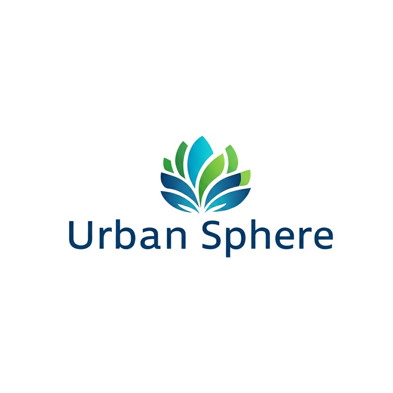 Minimalist logo for Urban Sphere. Abstract representation of trust and growth, using a blue and green color palette. Incorporate natural forms with modern geometric shapes. Apply subtle gradient transitions for visual depth. Use clean sans-serif typography, centered or aligned with the icon. Background should be pure white, overall style professional, scalable, and modern.