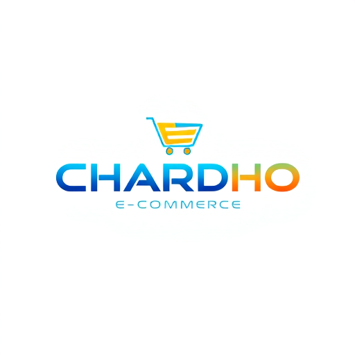 Professional logo design. "Minimalist and modern logo design for CHARDHO E-commerce, sleek typography with a futuristic touch, dynamic shopping cart or abstract symbol, vibrant gradient colors with blue and orange, professional and trustworthy look, style: vector, 3D mockup, high resolution."