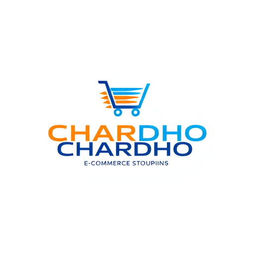 Professional logo design. "Minimalist and modern logo design for CHARDHO E-commerce, sleek typography with a futuristic touch, dynamic shopping cart or abstract symbol, vibrant gradient colors with blue and orange, professional and trustworthy look, style: vector, 3D mockup, high resolution."
