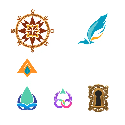 Professional logo design. Design a 3x2 logo grid featuring: Top row - 1) A vintage compass rose with detailed engraving in brown and gold, 2) A minimalist feather turning into birds in soft blue and white, 3) A geometric phoenix emblem in orange and dark gray. Bottom row - 4) A water droplet with a leaf inside in green and blue, 5) A modern infinity symbol with interconnected nodes in purple and pink, 6) A classic keyhole with ornate details in bronze and black. All logos are professionally presented with consistent styling and spacing."