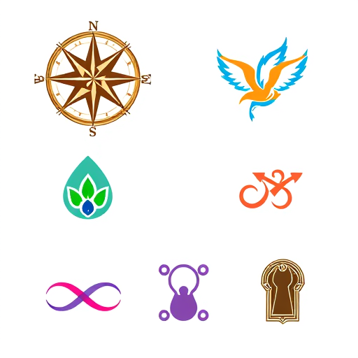 Professional logo design. Design a 3x2 logo grid featuring: Top row - 1) A vintage compass rose with detailed engraving in brown and gold, 2) A minimalist feather turning into birds in soft blue and white, 3) A geometric phoenix emblem in orange and dark gray. Bottom row - 4) A water droplet with a leaf inside in green and blue, 5) A modern infinity symbol with interconnected nodes in purple and pink, 6) A classic keyhole with ornate details in bronze and black. All logos are professionally presented with consistent styling and spacing."