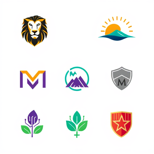 Professional logo design. Create a professional logo grid with 6 distinct designs in a 3x2 layout. Top row: 1) A geometric lion head logo in gold and black, 2) A minimalist mountain range with a sun icon in orange and dark blue, 3) An abstract wave pattern forming a circle in teal and navy. Bottom row: 4) A modern letter 'M' made of interconnected lines in purple and gray, 5) A leaf intertwined with a digital circuit pattern in green and blue, 6) A shield with a star emblem in red and gold. All logos have clean white backgrounds, professional styling, and equal spacing in the grid."