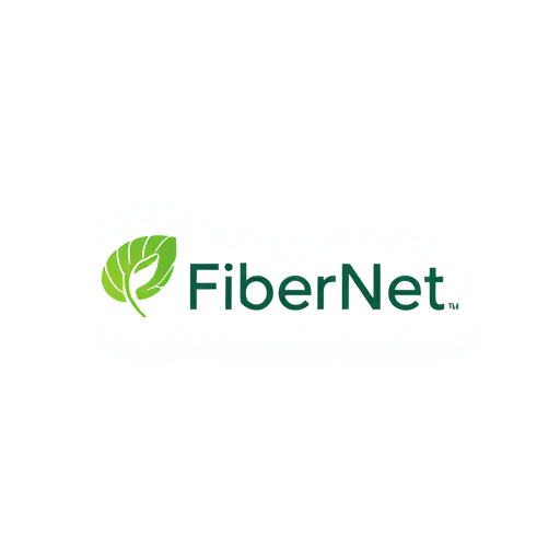 Professional logo design. Logo for "FiberNet", a fiber optic internet provider. The logo combines a simple leaf shape (symbolizing growth and nature) with a data flow pattern inside it. Soothing green and white color scheme, professional and trustworthy.
