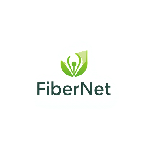 Professional logo design. Logo for "FiberNet", a fiber optic internet provider. The logo combines a simple leaf shape (symbolizing growth and nature) with a data flow pattern inside it. Soothing green and white color scheme, professional and trustworthy.